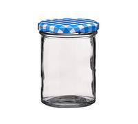 Premier Housewares Clear Glass Jar with Blue Gingham Lid - 330ml/ Clear Glass Base and Gingham Lid/Easy to Clean Jars/Organizing Glass Jars/Glass Jars With Lids/ W9 x D9 x H11cm/ Weight 0.178.