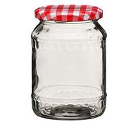 Premier Housewares Clear Glass Jar with Red Gingham Lid - 630ml/ Clear Glass Base and Gingham Lid/Easy to Clean Jars/Organizing Glass Jars/Glass Jars With Lids/ W10 x D10 x H13cm/ Weight 0.178.