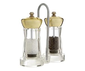 Premier Housewares Cody Salt and Pepper Mill Set with Stand, 2 Clear Manual Salt and Pepper Grinders, Gold Finish Metal Tops and Carry Handle, 16 cm