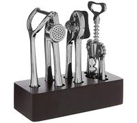 Premier Housewares Contemporary 5pc Chrome Finish Kitchen Gadget Set | Modern Kitchen Tool Set with Wooden Stand|Corkscrew, Can Opener, Garlic Press, Peeler | Kitchen Utensil Set