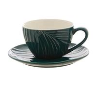 Orsina Dark Green Cup & Saucer With Botanical Embossed Detailing,2-Piece Set For Tea,saucer & Cup With Tapered Base