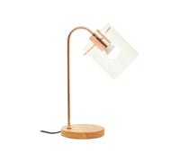 Premier Housewares Desk Lamp With USB Charging Port Shiny Copper Curved Table Lamp With Clear Glass Shade and Rubberwood Base Desk Lamps Office Adjustable, Modern Industrial Design, 15x40x25cm