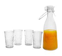 Premier Housewares Glass Bottle & 4 Drinking Glass Set | 1 Litre Sturdy Glass Bottle with 4 Glass Tumblers | Tappered Glasse & Swing Top Bottle Set with Caligraphy