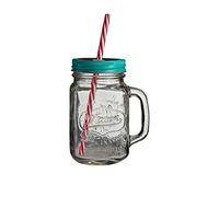 Premier Housewares Glasses Coffee Glasses With Handle And Straw 450ml Clear Jug Glasses Blue Juice Glasses Premium Quality Glass Jar w11 x d8 x h19cm