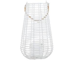 Premier Housewares Green Lantern Large White Rattan Lantern With Natural Rope Handle Lantern Fairy Lights Boho Chic, Glass Candle Holder, 25x41x25cm