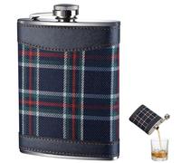Premier Housewares Hip Flask for Men, 8 oz Stainless Steel Pocket Flask with Blue Tartan and Faux Leather Cover, Curved Design with Hinged Captive Screw Cap, 14 x 10 x 3 cm