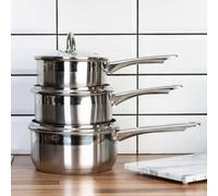 Premier Housewares Interiors By Premier 3Pc Two-Tone Stainless Steel Pan Set, Durable Cookware With Matching Lids For Everyday Use, Stylish Silver