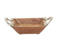 Premier Housewares Interiors By Premier Acacia Wood Square Bowl, Artisan Wooden Fruit Tray With Leaf-Style Metal Grips, Natural Grain Display Bowl