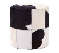 Premier Housewares Interiors By Premier Black And White Genuine Cowhide Ottoman,pouffe Stool With Black Stitching & Soft Padding,round Footstool