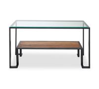 Premier Housewares Interiors By Premier Roman Console Table, Rectangular Tempered Glass Top On Black Metal Frame, Teak Wood Lower Shelf Console