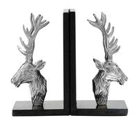 Premier Housewares Interiors By Premier Set Of 2 Stag Head Bookends With Marble Base, Book Ends With Stag Details, Metallic Stag Head Bookends