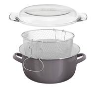 Premier Housewares Interiors By Premier Unique Cool Grey Enamel Deep Fryer, Durable Steel Frying Pan With Basket & Lid, Multipurpose Fish Fryer Pot