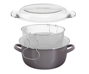 Premier Housewares Interiors By Premier Unique Cool Grey Enamel Deep Fryer, Durable Steel Frying Pan With Basket & Lid, Multipurpose Fish Fryer Pot