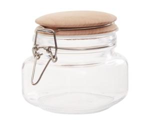Premier Housewares Midsize 500 Ml Square Crystal Glass Exquisite Storage Jar For Kitchen With Round Wooden Lid And Clip Lock Clasp, W11 x D11 x H11 cm