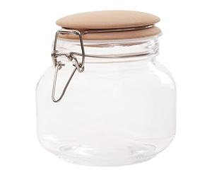Premier Housewares Midsize 800 Ml Square Crystal Glass Exquisite Storage Jar For Kitchen With Round Wooden Lid And Clip Lock Clasp, W11 x D11 x H13 cm