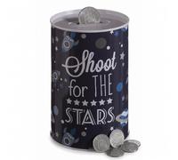 Premier Housewares Modern Design Large Money Tin | Sturdy Metal Money Saving Box | Rocket-Themed Tin For Notes | Astro Design Metal Coin Tin | Cylindrical Money Safe For Kids