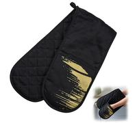 Premier Housewares Modern Retro Double Oven Glove | Black Cotton Heat Resistant Quilted Oven Mitt with Metallic Gold Detail | Padded Design and Hanging Loop for Baking
