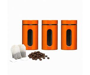 Premier Housewares Orange Set of Three Glass Storage Jars 1000ml | Airtight Kitchen Canisters with Clear Viewing Window | Orange Lid Sleeve, Cylindrical Glass Containers