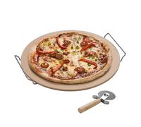 Pizza Stone and Cutter Set Board/Chrome Stand, Stoneware, Natural