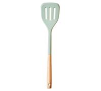 Premier Housewares Sage Green Silicone Head Slotted Turner with Round Wood Handle | Gentle Non-Stick Flipper for Eggs | Tapered Edge Spatula for Fish | with Hanging Hole