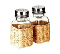Premier Housewares Salt And Pepper Set Clear Colored Glass And Brown Rattan Container for Salt/Pepper/Herbs/Reusable Shaker/Shakers Sets With Stainless Steel Lid W5 X D5 X H10cm