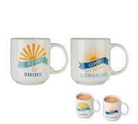 Premier Housewares Set Of 2 Cup Of Tea Mug/Made From White Bone China/Glossy White Finish With Sunshine Design/Rounded Handle Mugs For Espresso/Cappuccino Cups 8 x 9 x 12