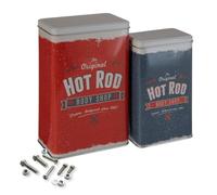 Orsina Set Of 2 Hot Rod Storage Canisters, Retro Metal Tins With Bold Car Print Lids, Durable Storage Solution
