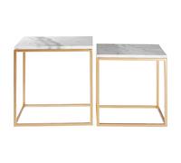 Premier Housewares Set of 2 Square Cuboid Side Tables, Lamp Tables, Warm Gold Finish, Sturdy Iron Cuboid Frame, Openframe Structure, Square White Marble Top, Dimensions are W50 x D50 x H46cm.