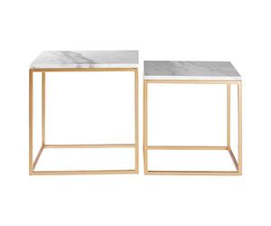 Premier Housewares Set of 2 Square Cuboid Side Tables, Lamp Tables, Warm Gold Finish, Sturdy Iron Cuboid Frame, Openframe Structure, Square White Marble Top, Dimensions are W50 x D50 x H46cm.