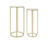 Premier Housewares Set of 2 Tall Side Tables, Lamp Tables, Gold Finish, Sturdy Iron Frame, Openframe Structure, Round Mirrored Top, Dimensions are W33 x D33 x H70cm.