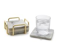 White Marble Coasters, Brass Finish Holder, Set of 4