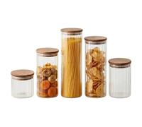 Premier Housewares Set of Five Ribbed Round Clear Glass Storage Jars with Acacia Wood Lids | Assorted Sizes 1400ml to 250ml | Kitchen Pantry Organisation Containers Keeps Fresh