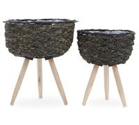 Premier Housewares Set of Two Black Planters Stylish Garden Pots with Angular Wooden Legs Plant Containers & Accessories 33x33x41