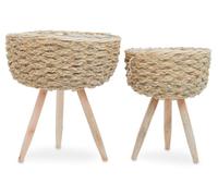 Premier Housewares Set of Two Natural Planters Rustic Woven Baskets with Wooden Legs for Indoor Plants and Outdoor Flowers Pots for Plants 33 x 41 x 33