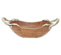Orsina Small Oval Acacia Wooden Bowl With Leaf Handles, Handcrafted Wooden Bowl For Fruit, Decorative Tabletop Bowl