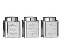 Premier Housewares Coffee Tea Sugar Set Stainless Steel Sugar Tea And Coffee Containers Grey Tea Coffee And Sugar Canisters Set Set of Three 12x10x10, Silver
