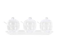 Premier Housewares Sugar Pot Vintage Sauce Dish Transparent Condiment Pots With Spoon And Tray Durable Containers Set Of 3 w33 x d10 x h13cm