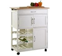 Premier Housewares White Kitchen Island Freestanding with Bamboo Top | Kitchen Storage Trolley on Wheels | Movable Kitchen Storage Cabinet