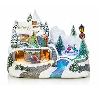 Premier Large LED Light Up Christmas Animated Traditional Village Snow Scene with Three Rotating Turntables - Santa Sleigh and Skaters