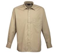 (18, Khaki) Premier Mens Premier Poplin Long-Sleeved Formal Shirt