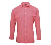 Premier Mens Long Sleeve Micro Gingham Check Cotton Poplin Shirt Office Casual