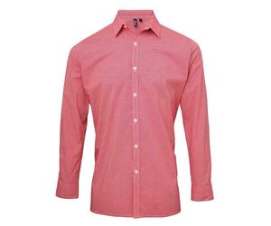 Premier Mens Long Sleeve Micro Gingham Check Cotton Poplin Shirt Office Casual