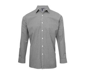 Premier Mens Long Sleeve Micro Gingham Check Cotton Poplin Shirt Office Casual
