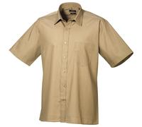 (17.5, Khaki) Premier Mens Short Sleeve Formal Poplin Plain Work Shirt