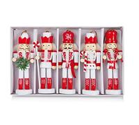 Premier Set Of 5 Nutcracker Christmas Decorations Wooden Tree Decorations Hanging Soldiers Red & White