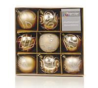 Premier Shatterproof Mixed 9 Pack Of Christmas Baubles - Champagne Gold - Various Designs