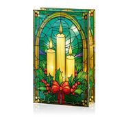 Premier Stained Glass Table Lamp with Candles and Holly Design - 21 x 13 cm Double Sided Glass Ornament with 50 Warm White LED Lights