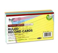 Premier Stationery Ruled Record Cards. Coloured.5"x3". Pack of 100