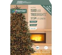 Premier TreeBrights 1500 LED Christmas Lights Vintage Gold, 37.5m Lit Length, Multi-Action Modes, Timer 8hr On/16hr Off, Energy-Efficient Indoor Outdoor Festive String Lights with Green Cable