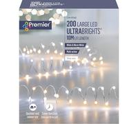 Premier UltraBrights 200 LED Lights 10m Lit Length Silver Wire with Timer Function White & Warm White Light Mix Indoor/Outdoor Use